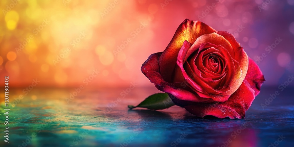 Poster vibrant rainbow rose resting on a reflective table with warm red hues and a colorful bokeh backgroun