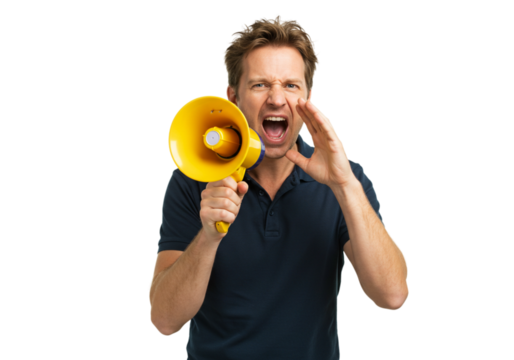 Angry Man Shouting with Yellow Megaphone Announcement Public Address System loud male news voice    