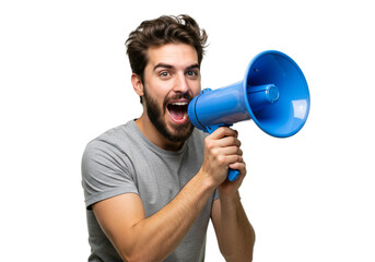 Young Man Shouting Announcement Blue Megaphone Loud Speaker news male voice image photo adult human 