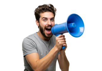 Young Man Shouting Announcement Blue Megaphone Loud Speaker news male voice image photo adult human 