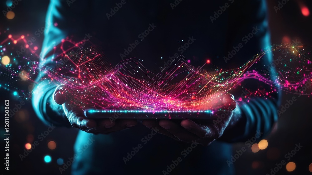 Poster hands hold device; glowing data streams above.