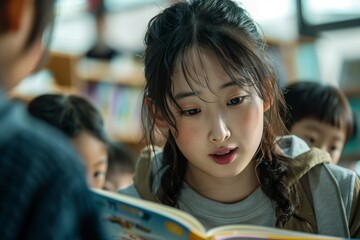 A girl deeply engaged in reading a book surrounded by her classmates in a library.