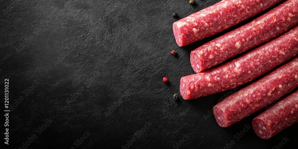 Poster raw meat sausages arranged in a diagonal line on a black textured background with scattered pepperco