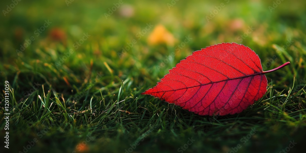 Poster vibrant red leaf on lush green grass with blurred background creating ample negative space for text 