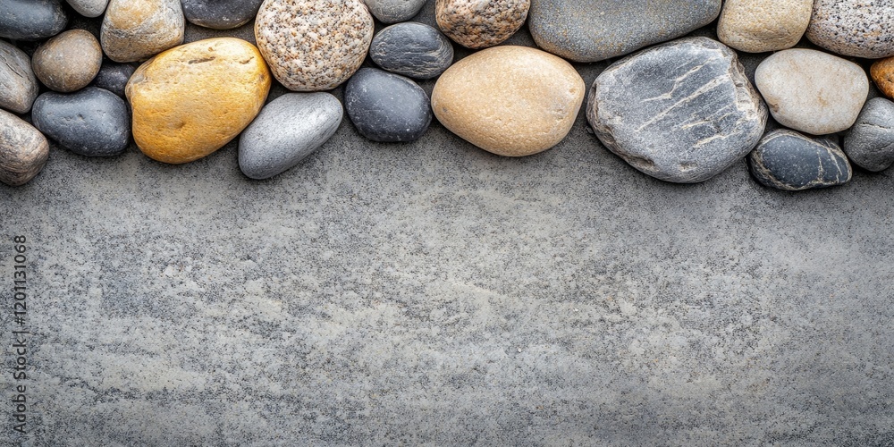 Poster product display of smooth grey and golden stones arranged along a top edge of a textured grey backgr