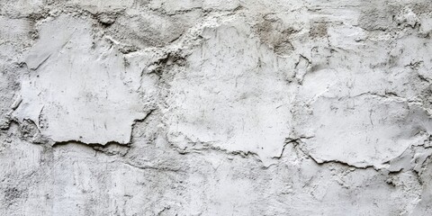 Obraz premium Textured white cement mortar coats a rugged concrete wall featuring uneven patches and a soft vignette effect in light gray tones.