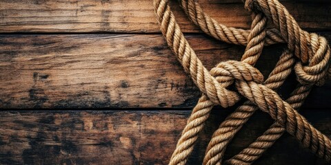Fototapeta premium Brown shipping ropes intricately intertwined on a rustic wooden surface with dark grains highlighting their texture in a top right composition.