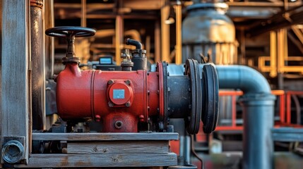 Obraz premium An industrial pump engine with bright red housing, showcased in an outdoor setting