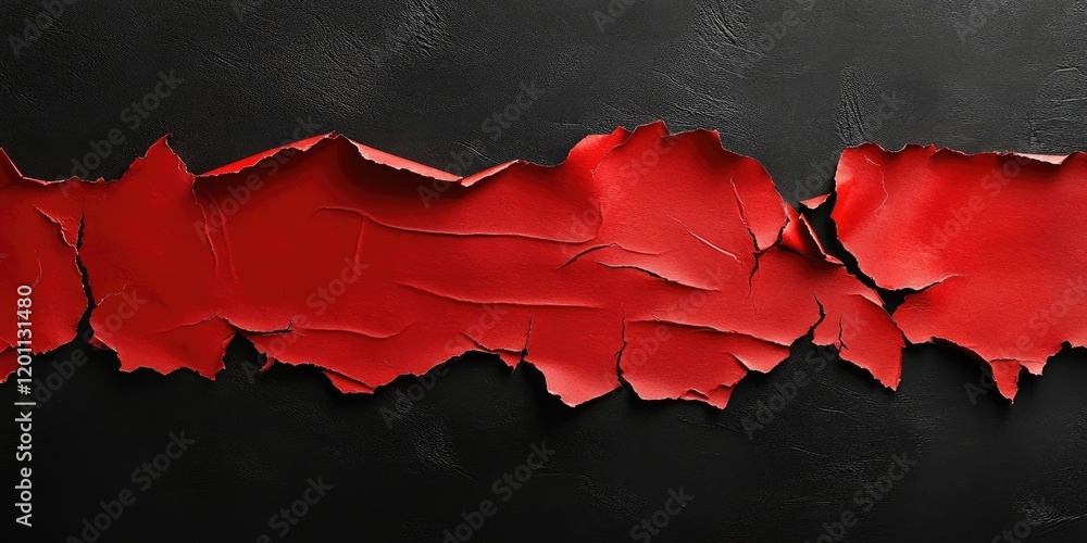 Poster red torn paper strip against a textured black background with visible creases and edges, creating a 