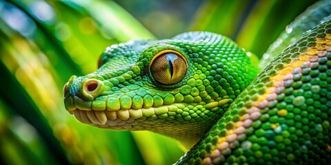 Fototapeta premium Green Tree Python Close Up, Aerial Drone Photography, Reptile Portrait