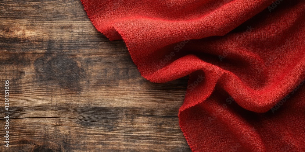 Poster textured red tablecloth draped over a rustic wooden table in the top left corner creating a warm amb