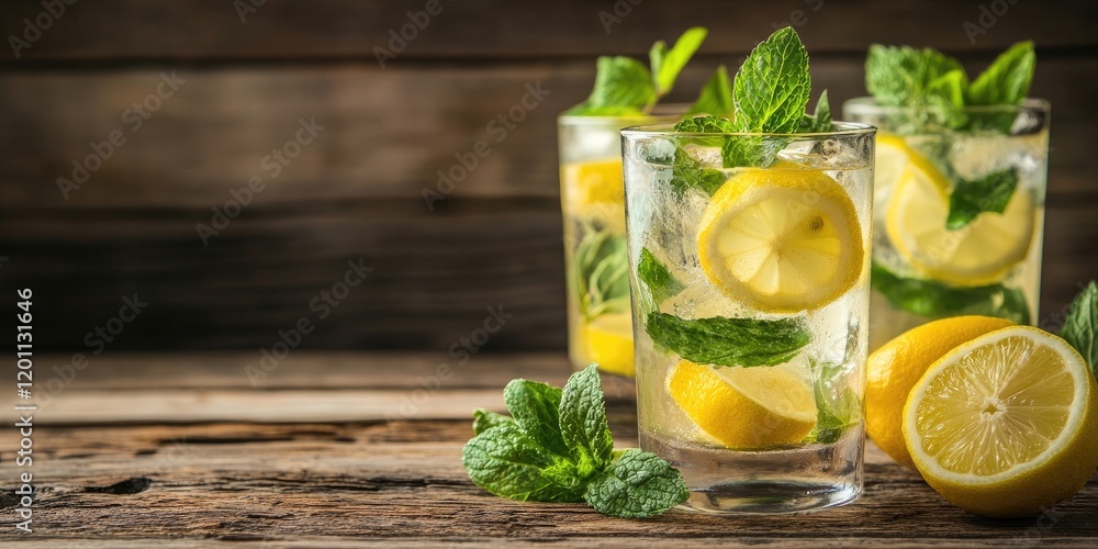 Poster refreshing gin and tonic cocktail in clear glasses with lemon slices and mint leaves set on rustic w