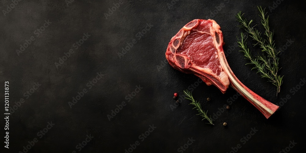 Poster raw tomahawk steak placed on a dark textured surface with fresh rosemary sprigs beside it ample nega