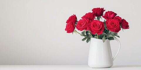 Naklejka premium Vibrant red roses elegantly arranged in a white jug on a minimalist white backdrop showcasing simplicity and beauty in floral design