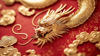 Naklejka premium A close-up of a gold dragon graphic intricately embossed on a red Chinese New Year card. The shimmering details stand out against the vibrant background, symbolizing power and prosperity.