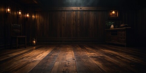 Moody Dark Wooden Floor with Smoke Effect and Empty Space