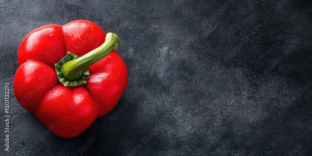 Poster fresh red bell pepper on the left side against a dark textured concrete backdrop with space for text