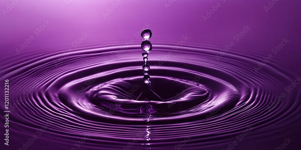 Poster purple abstract background featuring a central water drop splash with concentric ripples in hues of 