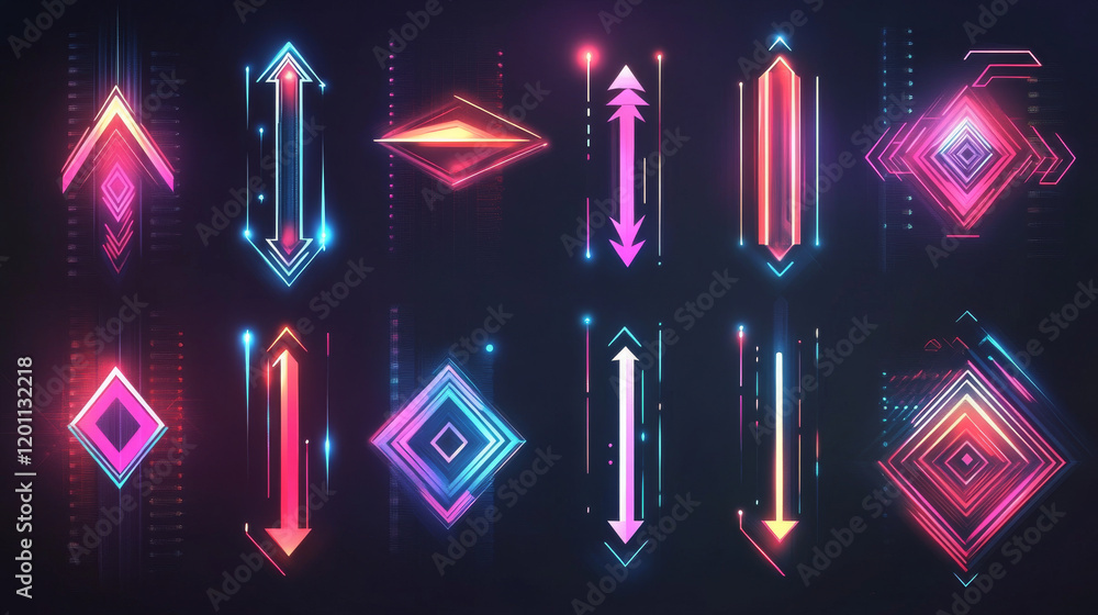 Poster hud arrows, futuristic navigation pointers, sci fi ui interface. digital techno style vector element