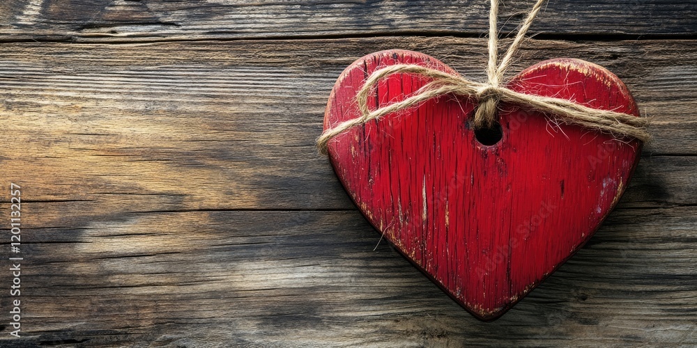 Aufkleber red wooden heart tied with twine resting on a textured rustic wooden background creating a warm, rom