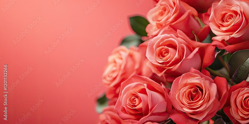 Poster Freshly arranged pink and coral roses on a vibrant coral background with ample empty space on the left for text placement and design integration