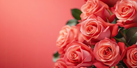 Obraz premium Freshly arranged pink and coral roses on a vibrant coral background with ample empty space on the left for text placement and design integration