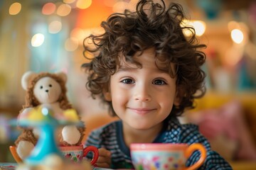 A joyful child enjoying a tea party with toys, showcasing innocence and happiness.