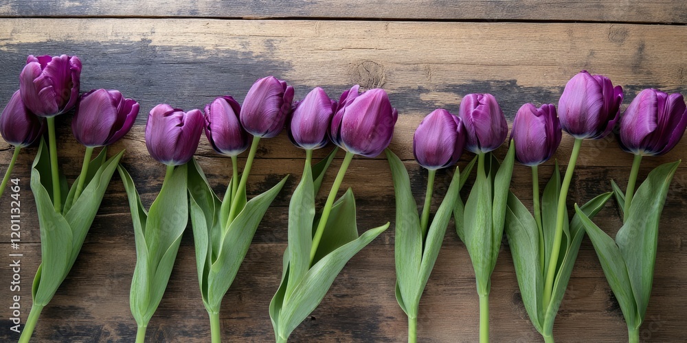 Poster purple tulips lined on a rustic wooden table with green leaves creating a vibrant contrast and ample