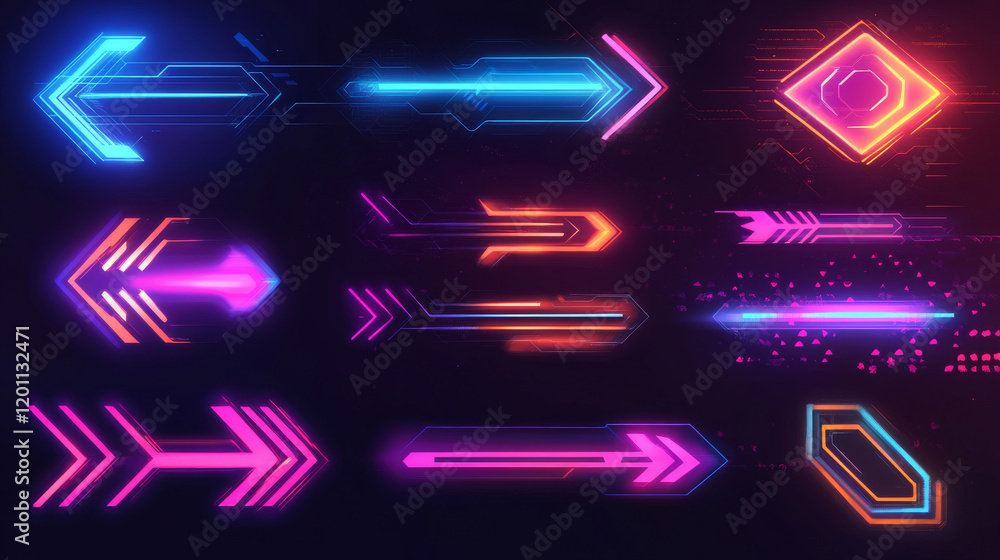 Poster hud arrows, futuristic navigation pointers, sci fi ui interface. digital techno style vector element