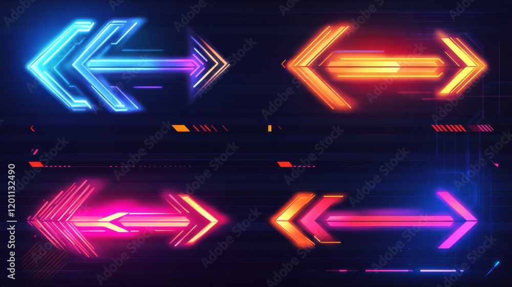Poster hud arrows, futuristic navigation pointers, sci fi ui interface. digital techno style vector element