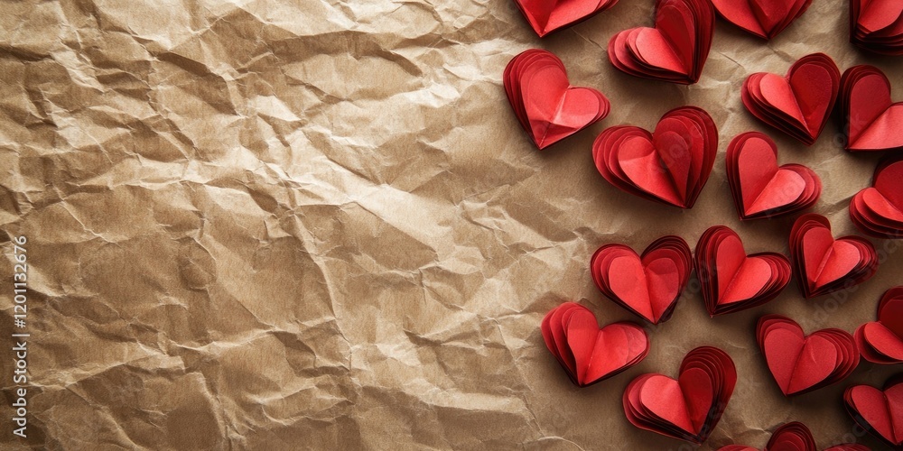 Aufkleber red paper hearts scattered on a brown crumpled paper background with empty space on the left side cr