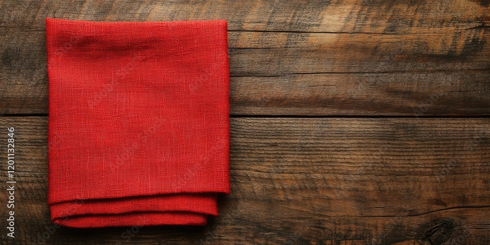 Poster red linen napkin folded diagonally on a textured rustic wooden surface with ample space on the right