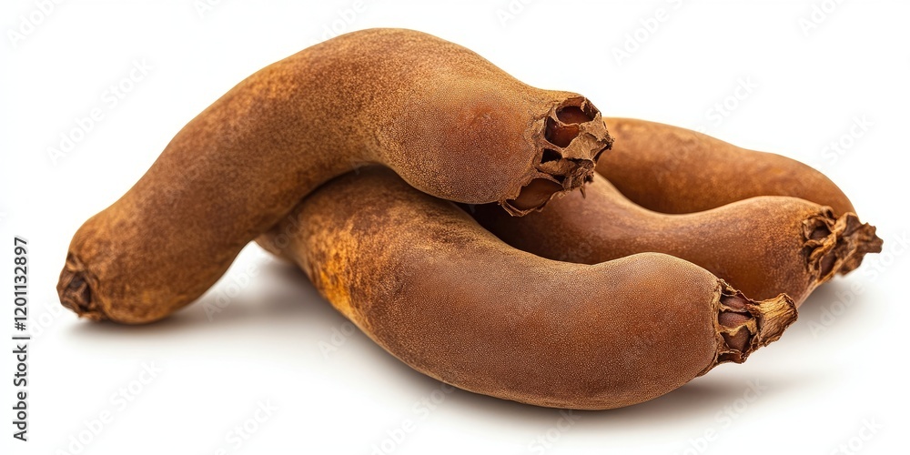 Poster ripe brown tamarind pods stacked on a white background with ample copy space ideal for promoting tam