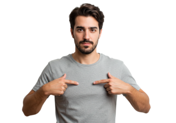 Man Pointing at Chest Grey TShirt Studio Shot Isolated Background Casual Portrait Serious Expression
