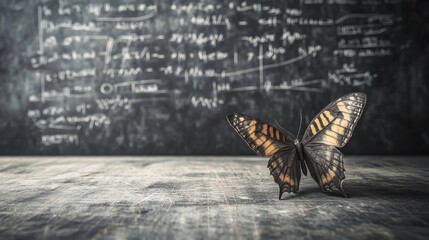 Fototapeta premium Butterfly resting on a wooden surface with a chalkboard filled with mathematical equations in a classroom setting
