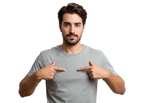 Man Pointing at Chest Grey TShirt Studio Shot Isolated Background Casual Portrait Serious Expression