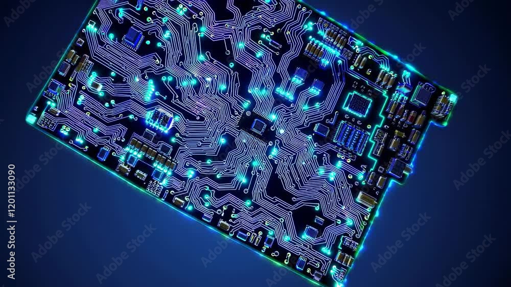 Aufkleber exploring intricate details of a glowing circuit board with vibrant blue lights and complex patterns