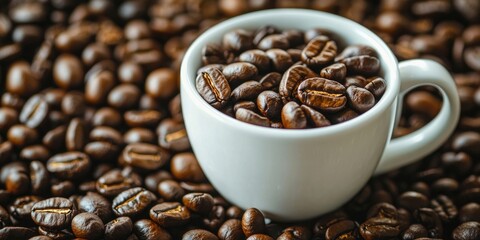 Fototapeta premium White cup filled with roasted coffee beans surrounded by a bed of dark brown coffee beans creating a retro style textured background