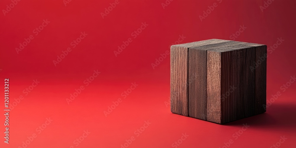 Poster wooden cube placed on the right side against a vibrant red background with ample copy space on the l