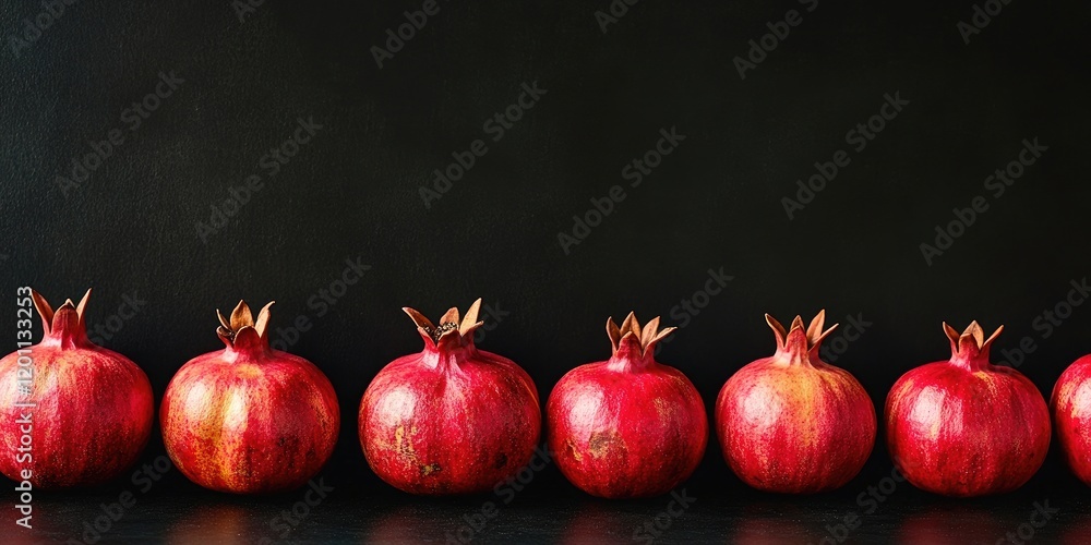 Poster row of vibrant red pomegranates arranged on a black background with ample empty space for text to en