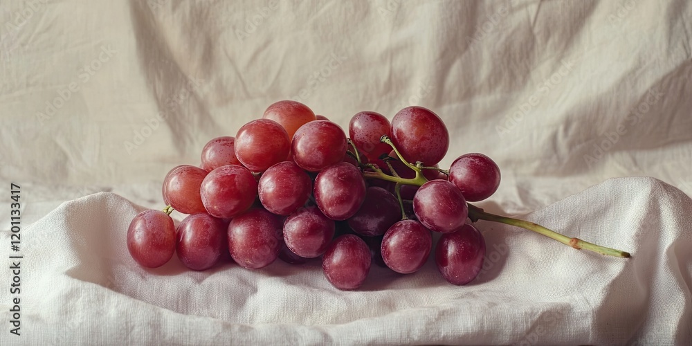 Poster bunch of red grapes displayed on a soft white cotton backdrop with gentle folds creating a serene, i