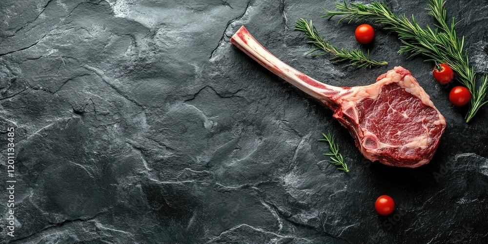 Poster raw tomahawk steak on a textured dark stone background with fresh rosemary and cherry tomatoes posit