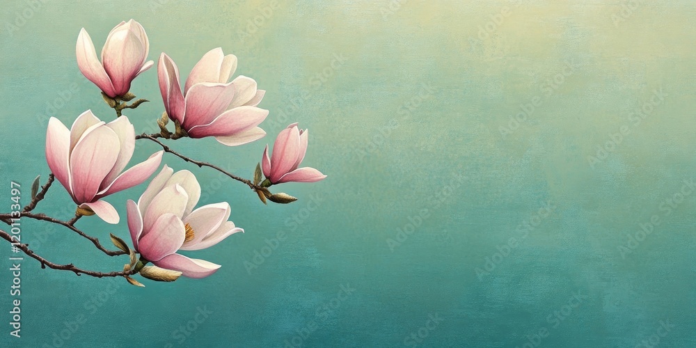 Poster magnolia tree blossoms in soft pink hues against a serene green to blue gradient background with amp