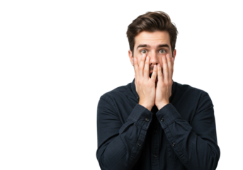 Shocked Man Covering Face Hands Worried Expression Portrait Studio Fear Male Dark Human Image Photo 