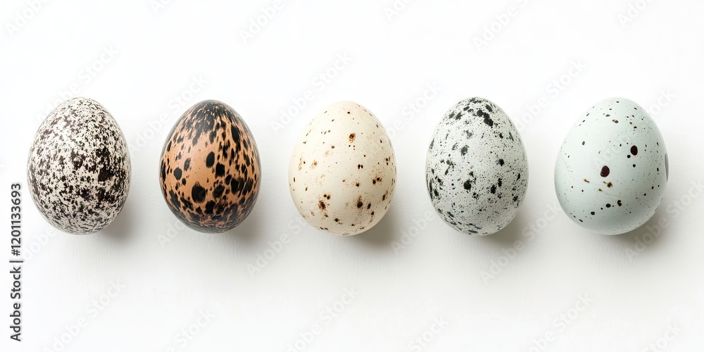 Poster quail eggs in a row on a white surface featuring shades of brown and cream with speckles arranged le