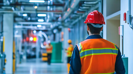 An industrial facility with automatic fire alarm systems, emergency exits clearly marked, and workers following all safety regulations.