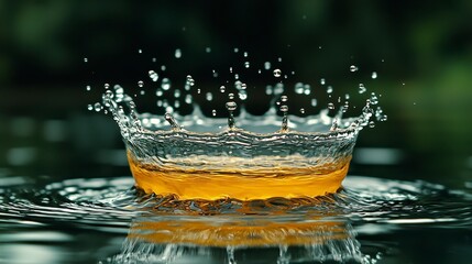 Golden liquid drop impact, creating a crown splash on dark water surface.