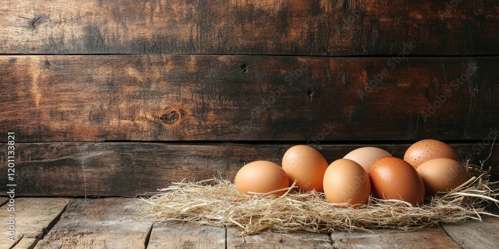 Poster rustic chicken eggs arranged in hay on weathered wooden surface with warm browns and soft creams cre