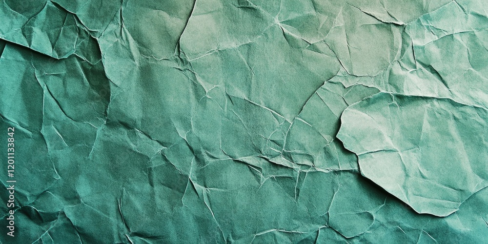 Poster textured teal crumpled paper background showcasing deep wrinkles and folds with variations in color 