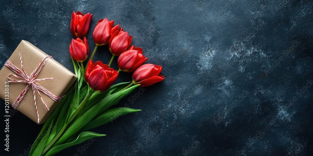 Poster red tulip bouquet with green leaves next to a wrapped gift box on a dark textured table captured fro